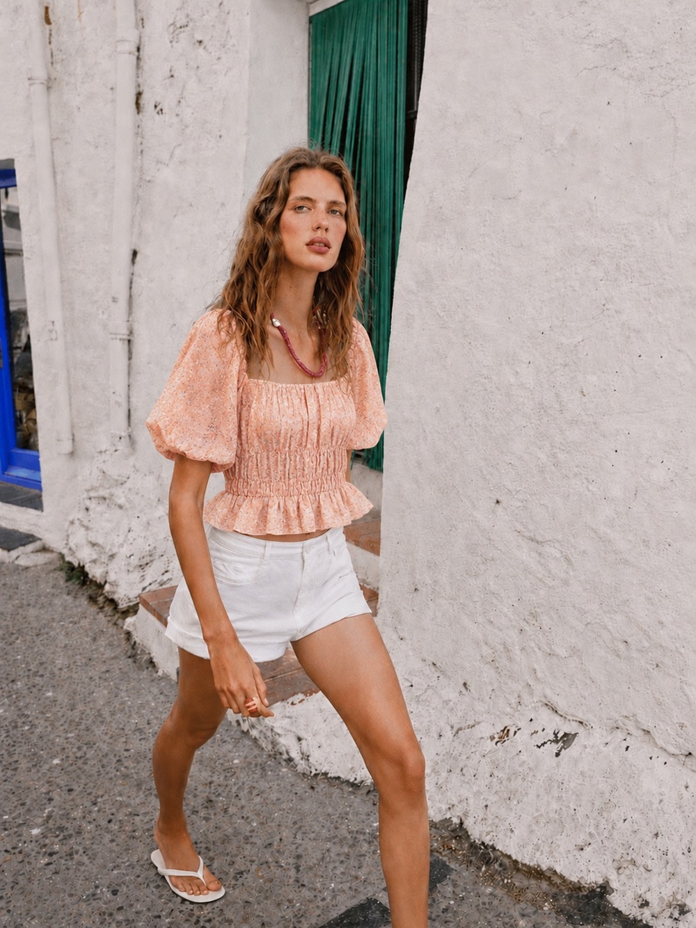 Wayf Peach Smocked Peplum Puff Sleeve Blouse